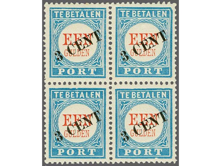 Hulpuitgifte 3 cent op 1 gulden type III in blok van 4 w.b. 1 ex. met plaatvariëteit 16, originele zwarte pikkeltjes in gom, 