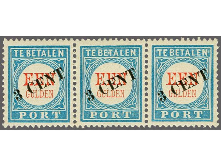 Hulpuitgifte 3 cent op 1 gulden in strip van 3 w.b. type I, type III en plaatfout E.T., enkele minieme roestpuntjes achterzij