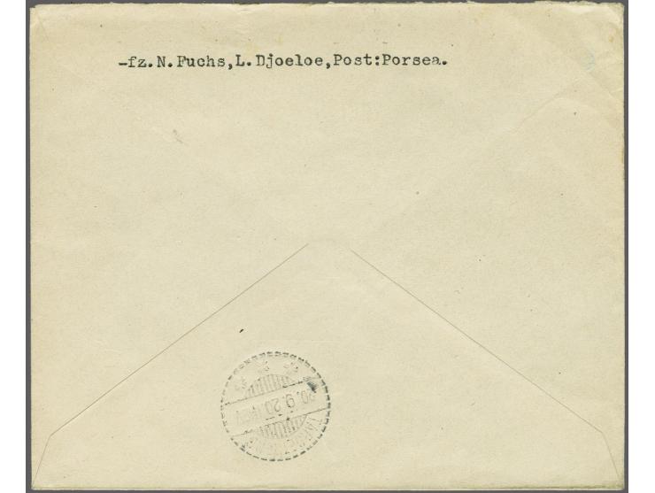 Envelop 10 cent grijs met kortebalkstempel met uurkarakter Porsea (SvL 175) 21-9-1920 naar Taroetoeng, pracht ex.