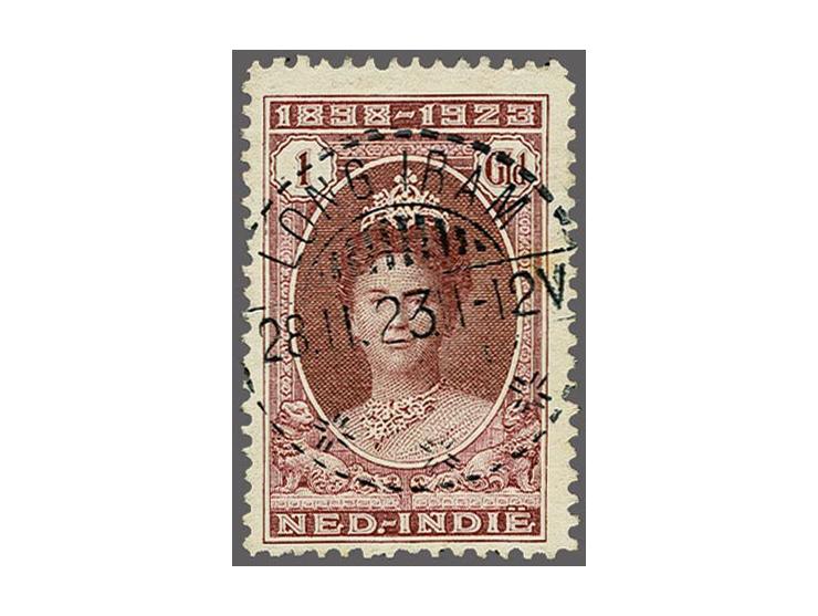 Jubileum 1 gulden bruinlila met luxe afdruk langebalkstempel Long Iram, pracht ex. (miniem geel vlekje achterzijde)