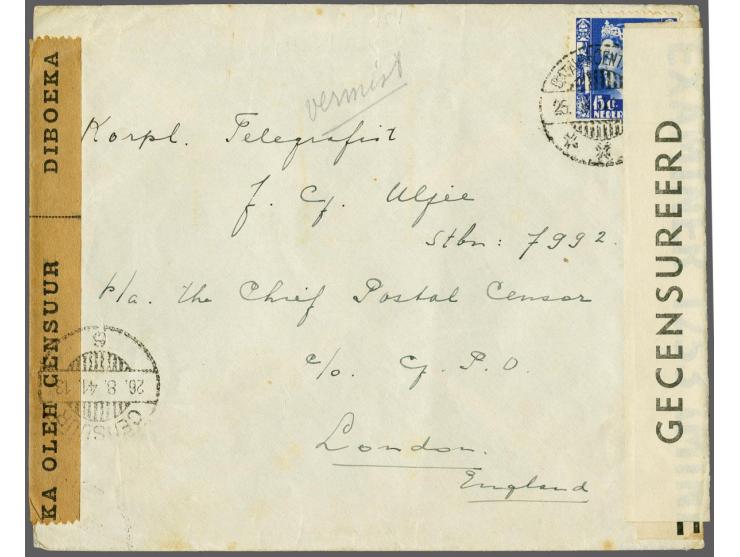 15 cent blauw op envelop Batavia Centrum 25.8.41 naar London p/a Chief Postal Censor c/o G.P.O.met bruine censuurstrook en st