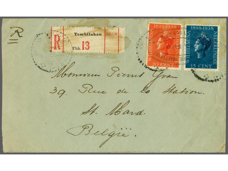 Wilhelmina jubileum 15 en 20 cent met ovaal scheepsstempel M.S. MAPIA op aangetekende envelop via Tembilahan 21.9.1938 en Sin
