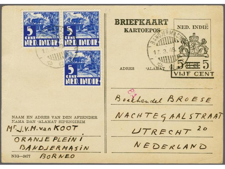 Karbouw 5 cent blauw (3x w.b. paar) op briefkaart 5 cent met drukmerk NIG-2477 (G. 76a) van Bandjermasin 17-3-1948 naar Utrec