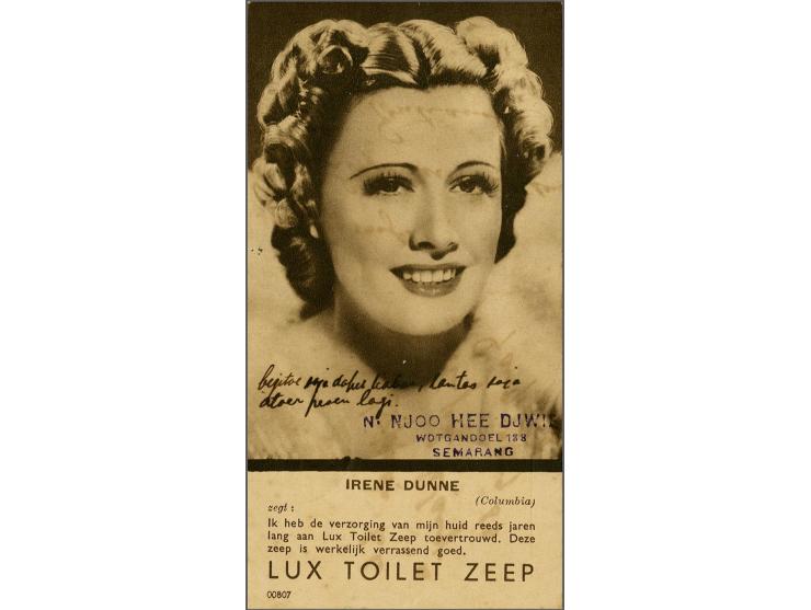 Lever filmsterkaart Irene Dunne Semarang-Soerabaja 6.10.38 met 3½ cent roodstempel BANDOENG HOOFDBESTUUR P.T.T., pracht ex.