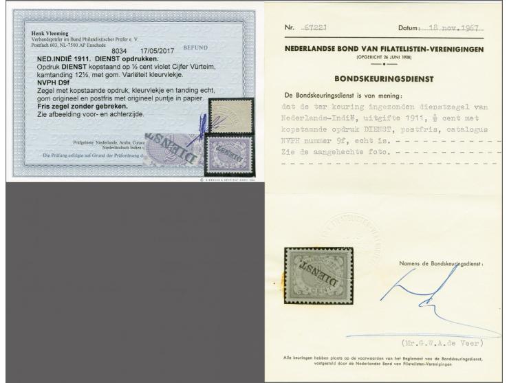 ½ cent lila met variëteit kopstaande opdruk en druktoevalligheid kleurvlekje met certificaten Ned. Bond 1967 en Vleeming 2017