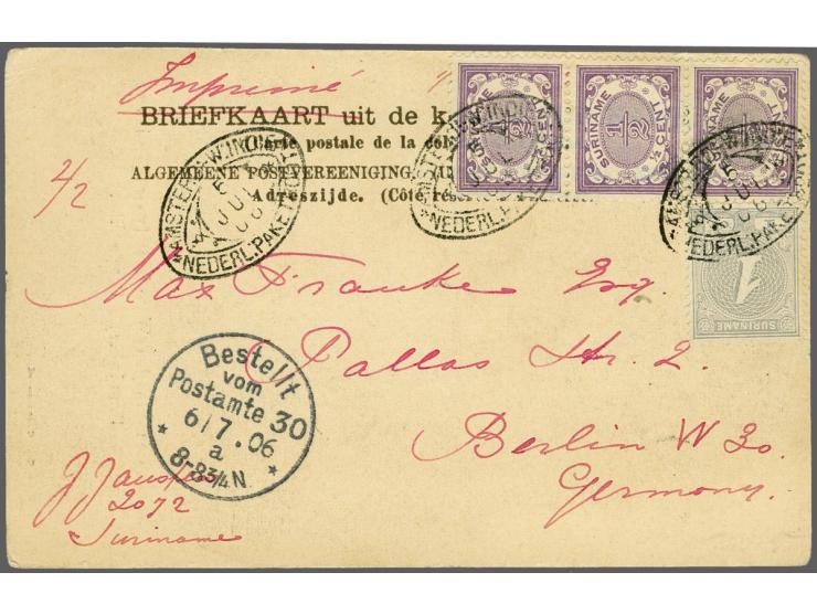 Cijfer 1 cent grijs en ½ cent lila in strip van 3 met ovaal stempel Amsterd-W:Indie Nederl:Paketboot op prentbriefkaart Water