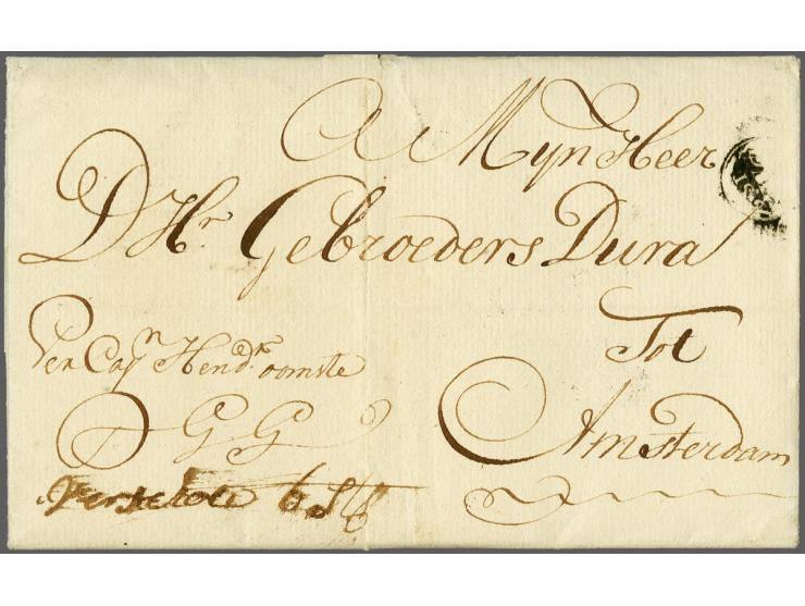 Complete handelsbrief van Curaçao 22-9-1757 naar Amsterdam met onduidelijke gedeeltelijke afdruk van het 6-stuiverstempel van