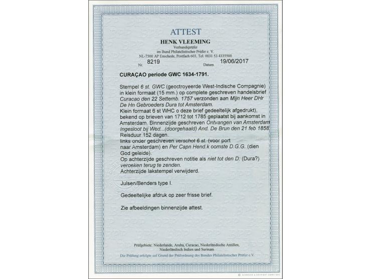 Complete handelsbrief van Curaçao 22-9-1757 naar Amsterdam met onduidelijke gedeeltelijke afdruk van het 6-stuiverstempel van