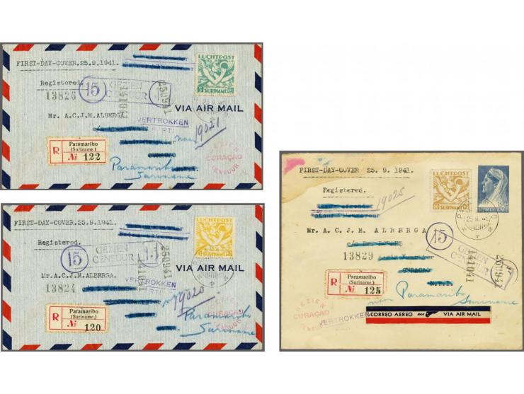 Mercurius 2½ t/m 10 gulden op 3 gecensureerde aangetekende en retourgezonden enveloppen met 1e-dagstempel Paramaribo 25-9-194