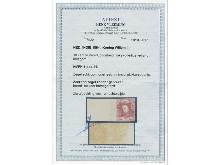 10 cent wijnrood pos. 21 met volledige velrand, vrijwel postfris (miniem plakkerspoortje) met certificaat Vleeming 2017, cat.