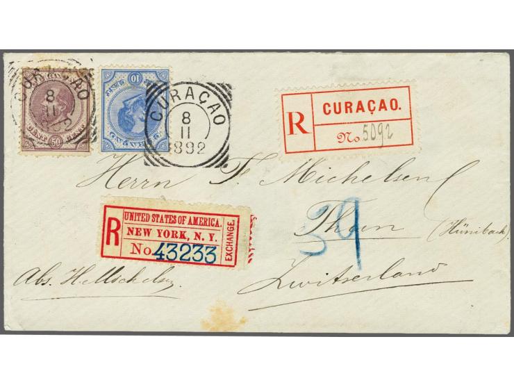 10 cent ultramarijn tanding 12½ grote gaten en 50 cent donkerlila tanding 13½ x 13¼ grote gaten op aangetekende envelop van C