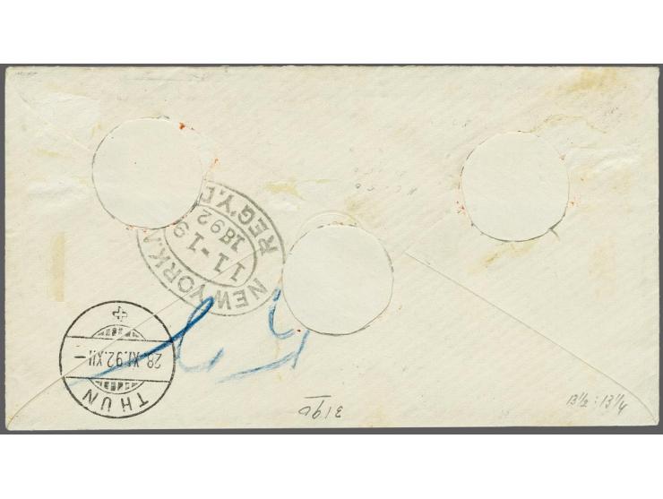 10 cent ultramarijn tanding 12½ grote gaten en 50 cent donkerlila tanding 13½ x 13¼ grote gaten op aangetekende envelop van C