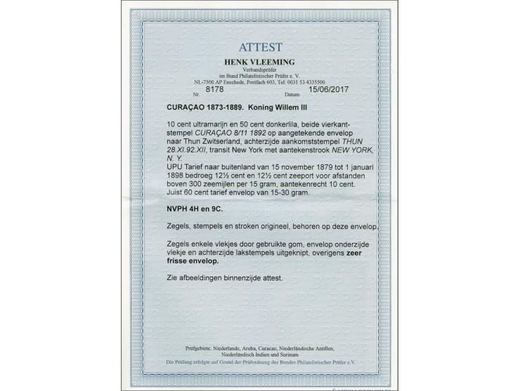 10 cent ultramarijn tanding 12½ grote gaten en 50 cent donkerlila tanding 13½ x 13¼ grote gaten op aangetekende envelop van C