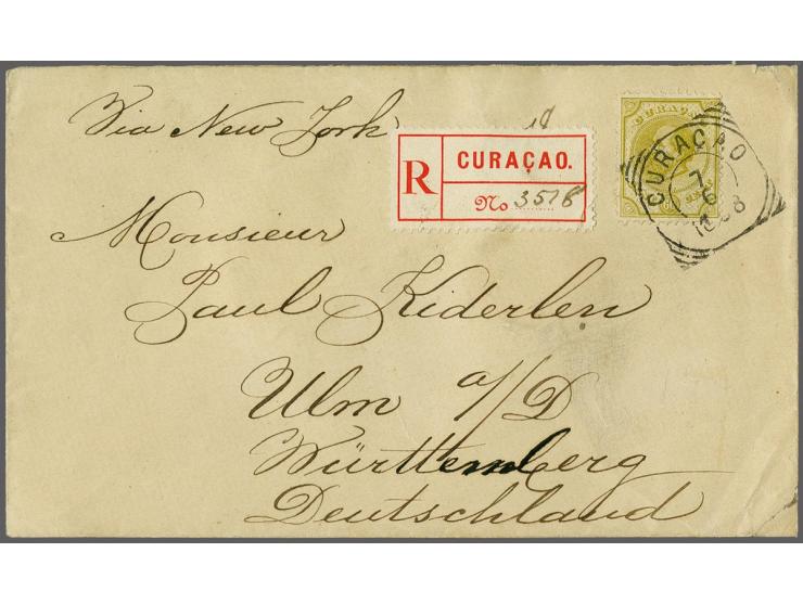 60 cent olijfgeel op aangetekende envelop van Curaçao 7-6-1898 naar Ulm (D) met tevens geschreven Via New York, fris pracht e