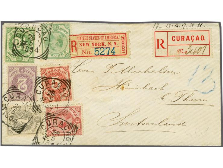 Cijfer 1 cent grijs, 2 cent lila, 2½ cent groen en 5 cent rood en Hangend Haar 12½ cent geelgroen en 15 cent karmijn op aange