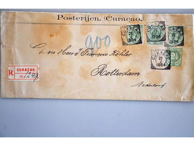 Cijfer 2½ cent groen en Hangend Haar 12½ cent geelgroen op aangetekende per KWIM vervoerde envelop van Curaçao 27-2-1894 naar