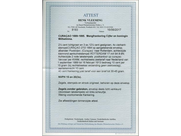 Cijfer 2½ cent groen en Hangend Haar 12½ cent geelgroen op aangetekende per KWIM vervoerde envelop van Curaçao 27-2-1894 naar