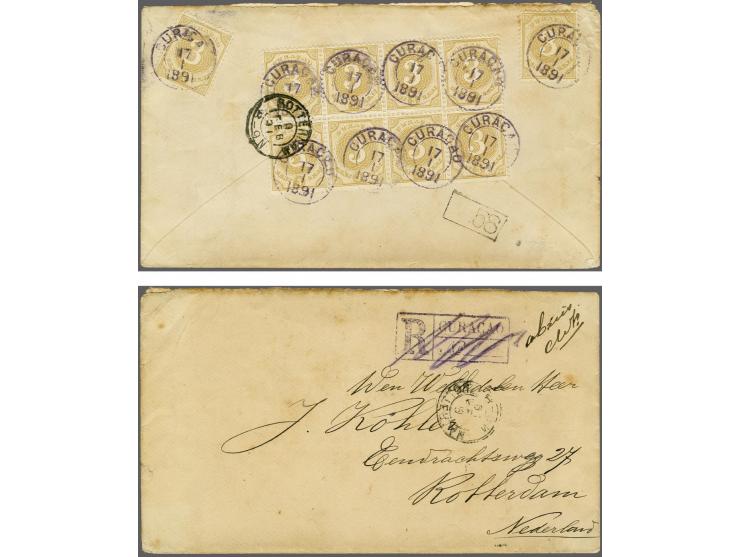 Cijfer 3 cent lichtbruin (10x w.b. blok van 8) op achterzijde van envelop van Curaçao 17-1-1891 naar Rotterdam. Tevens doorge