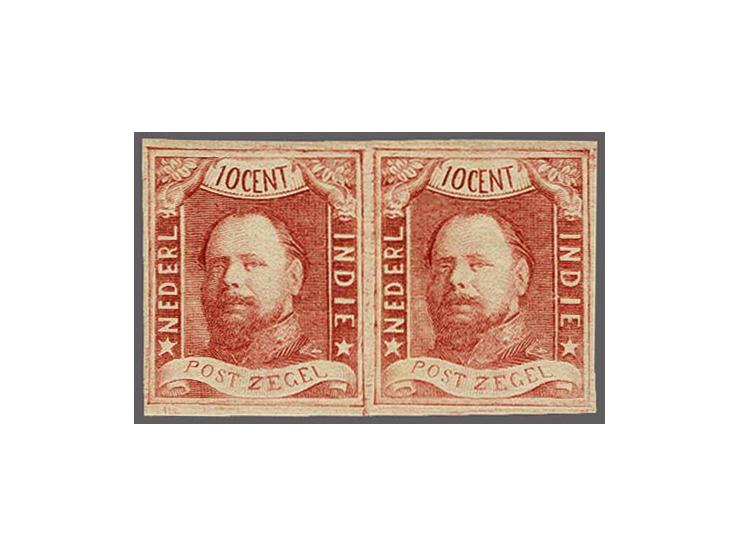 10 cent wijnrood pos. 48-49 in paar, breedgerand pracht ex. met miniem plakkerspoortje en certificaat Vleeming 2017, cat.w. 9