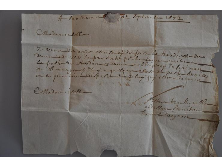 Complete franstalige brief aan de binnenzijde gedateerd 6-9-1672 zonder postale bemerkingen naar Middelburg. Pracht ex. met c