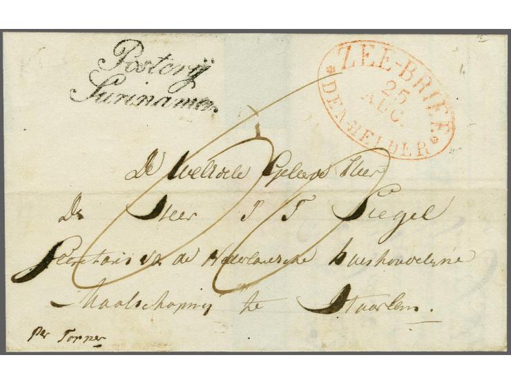 Briefomslag van Paramaribo 21-6-1835 naar Haarlem met cursief stempel Posterij Suriname en ovaal stempel Zee-Brief Den-Helder