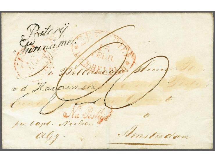 Ongedateerde briefomslag naar Amsterdam met cursief stempel Posterij Suriname en ovaal stempel Zee-Brief Den-Helder in rood e