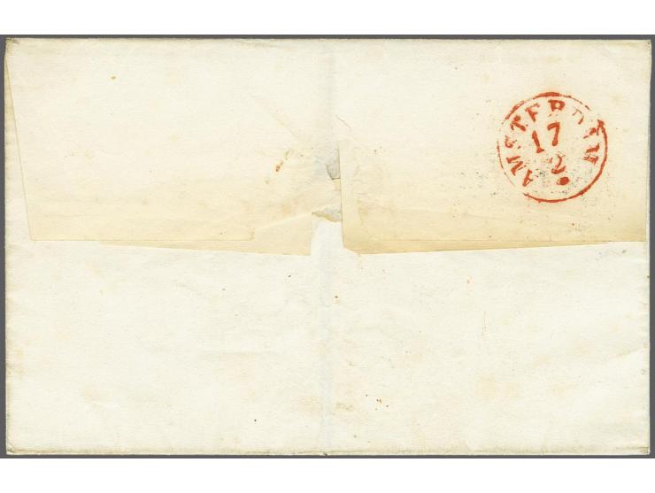 Ongedateerde briefomslag naar Amsterdam met cursief stempel Posterij Suriname en ovaal stempel Zee-Brief Den-Helder in rood e