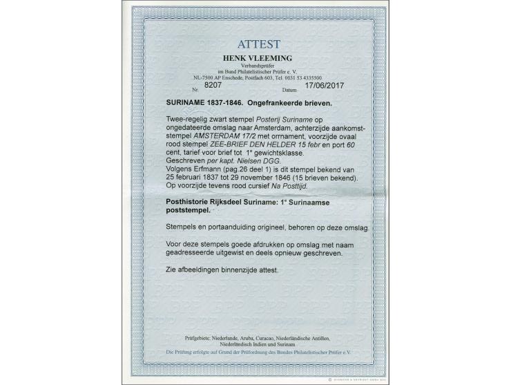 Ongedateerde briefomslag naar Amsterdam met cursief stempel Posterij Suriname en ovaal stempel Zee-Brief Den-Helder in rood e