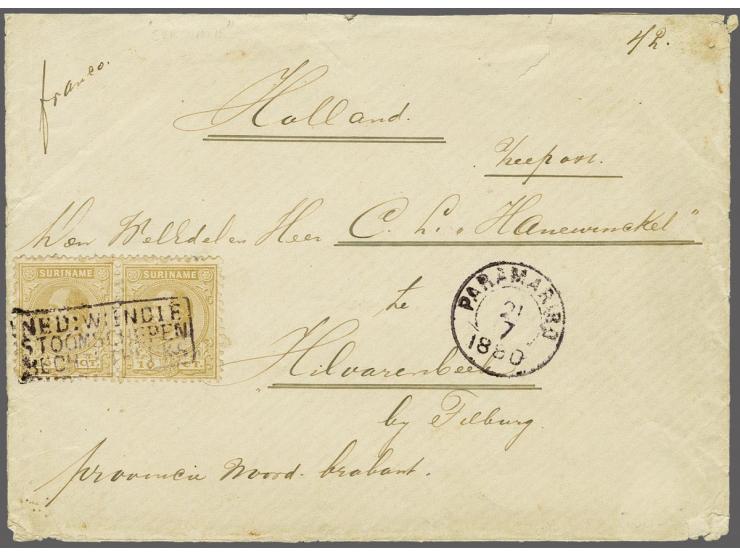 10 cent geelbruin tanding 12½ x 12 in paar op envelop van Paramaribo 21-7-1880 naar Hilvarenbeek met geschreven Zeepost. Zege