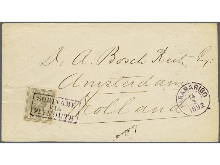 15 cent grijs tanding 12½ x 12 als enkelfrankering op envelop van Paramaribo 14-3-1892 over Plymouth naar Amsterdam. Juist ta