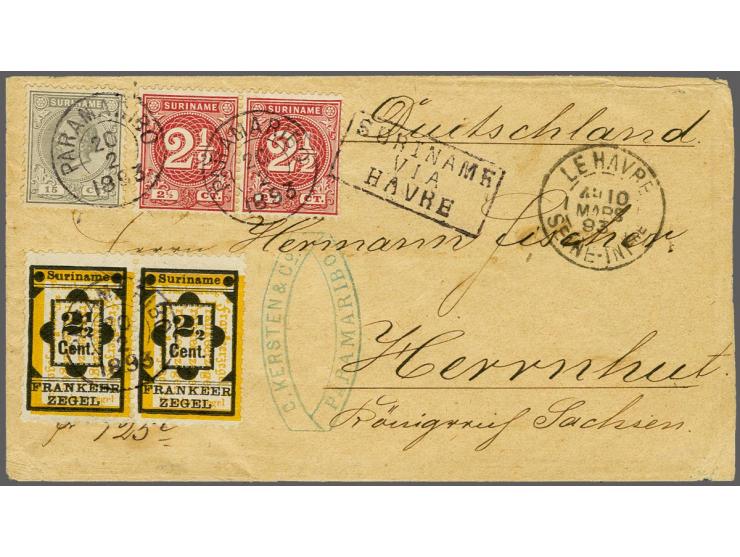 15 cent grijs, Cijfer 2½ cent karmijn in paar en hulpzegel 2½ cent geel en zwart in type I in paar op envelop van Paramaribo 