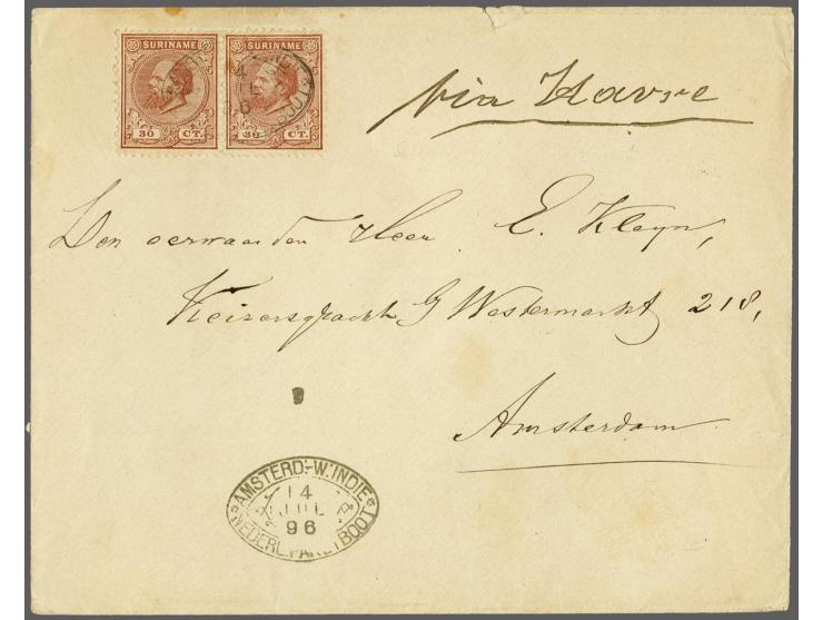 30 cent lilabruin tanding 12½ x 12 in paar op envelop 14-7-1896 naar Amsterdam met geschreven Via Havre. Brief echter niet ov