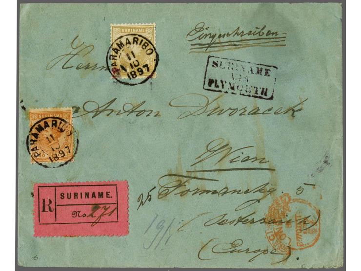 50 cent oranjebruin tanding 12½ x 12 en Hangend Haar 10 cent geelbruin op aangetekende brief van Paramaribo 11-10-1897 over P