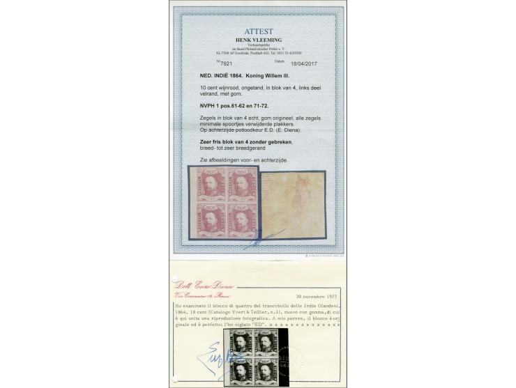10 cent wijnrood pos. 61-62 en 71-72 in blok van 4 met velrand en volle originele gom, fris breedgerand pracht ex. met certif