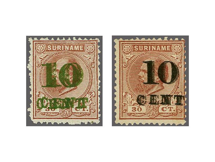 Hulpuitgifte 1898. Proefopdruk 10 cent in type II in groen en zwart op 30 cent lilabruin met variëteit dubbele opdruk. Pracht