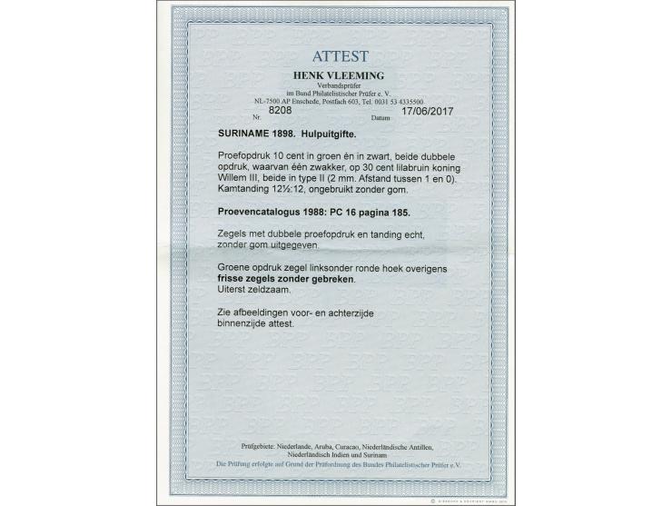 Hulpuitgifte 1898. Proefopdruk 10 cent in type II in groen en zwart op 30 cent lilabruin met variëteit dubbele opdruk. Pracht