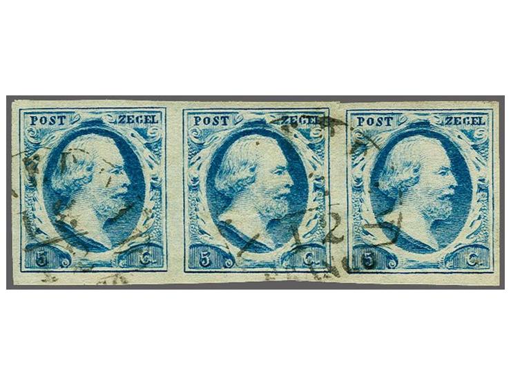 5 cent blauw plaat I pos. 33-35 in strip van 3, pracht ex.