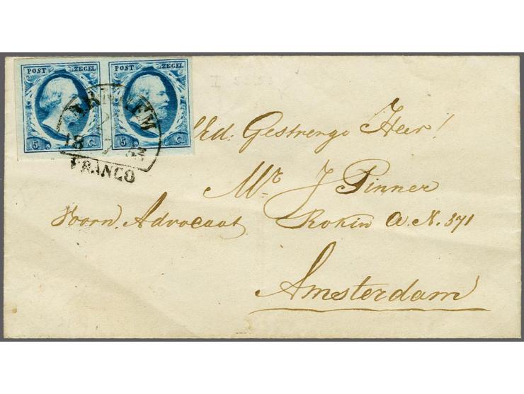5 cent blauw plaat I pos. 52-53 in paar op kleinformaat envelop van Arnhem 27-7-1853 naar Amsterdam, pracht ex.