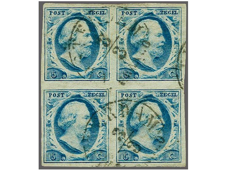 5 cent blauw plaat I pos. 63-64 en 68-69 in blok van 4, pracht ex. (miniem knipje tussen de zegels rechts). Volgens het Corin