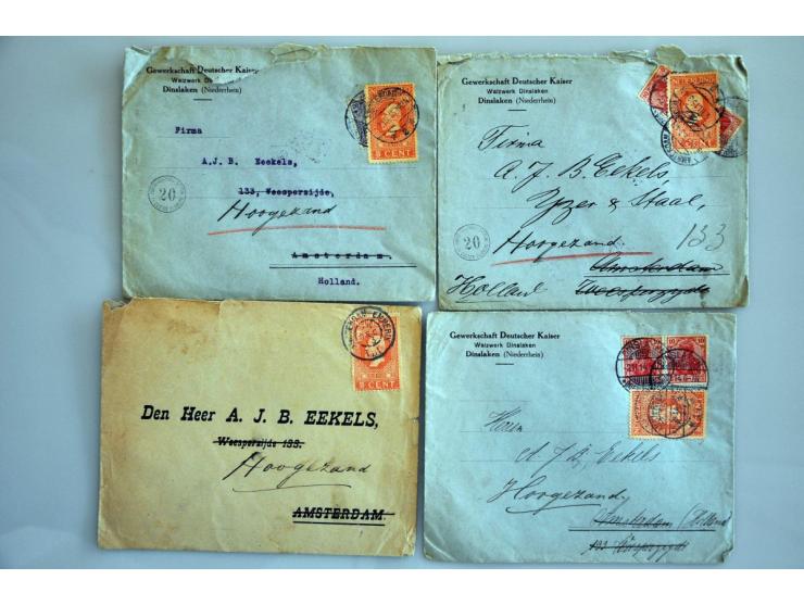 emissie Jubileum 1913, 14 poststukken naar Hoogezand, w.b. 3 ex. doorgestuurd met Nederlandse frankering over Duitse geplakt 
