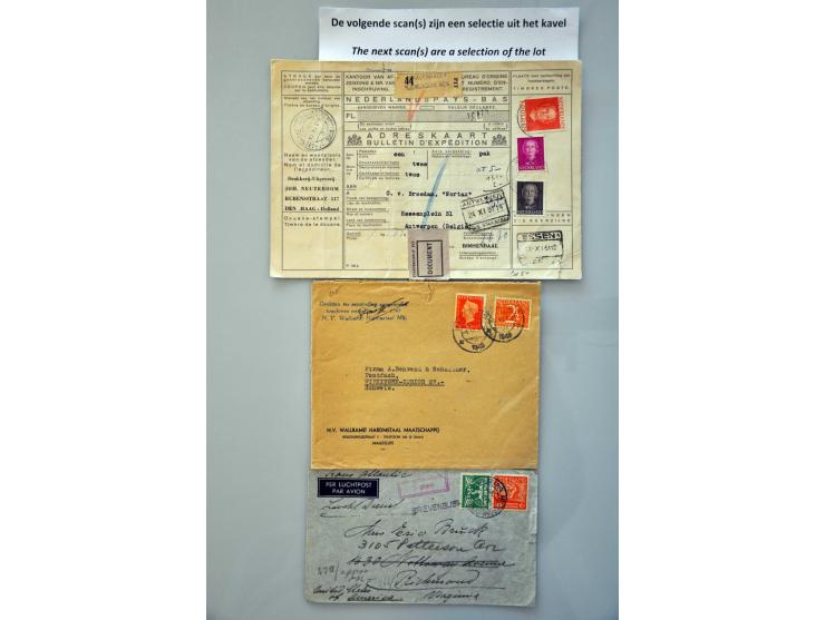 26 diverse poststukken w.b. envelop met 588/591 naar USA 25.VII.1952 met violet passed free/ U.S. cusoms/ terminal station/ S