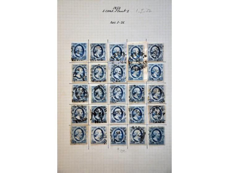 Complete plaatreconstructie van de 5 cent blauw plaat I w.b. halfrond-francostempels en 2 paartjes in over het algemeen nette