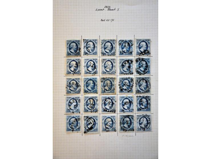Complete plaatreconstructie van de 5 cent blauw plaat I w.b. halfrond-francostempels en 2 paartjes in over het algemeen nette