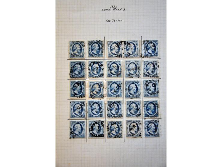 Complete plaatreconstructie van de 5 cent blauw plaat I w.b. halfrond-francostempels en 2 paartjes in over het algemeen nette