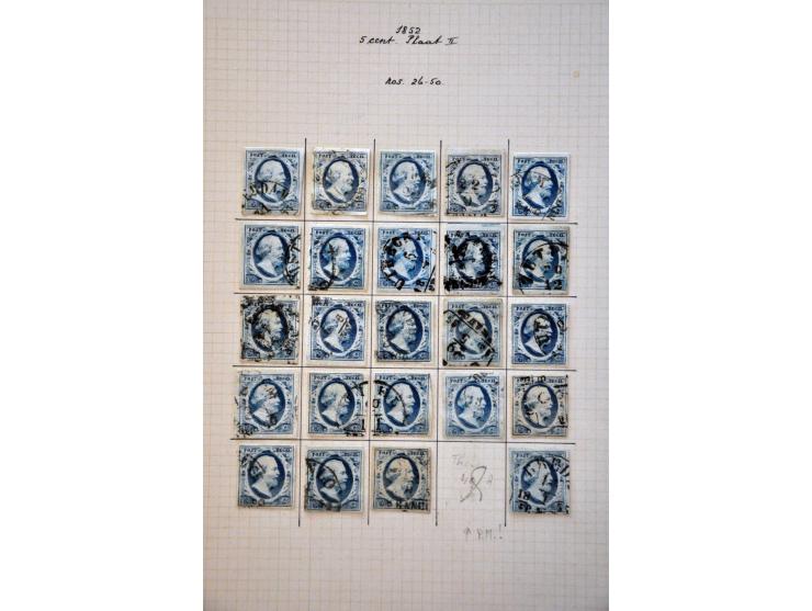 Op 2 posities na complete plaatreconstructie van de 5 cent blauw plaat II w.b. halfrond-francostempels in over het algemeen n