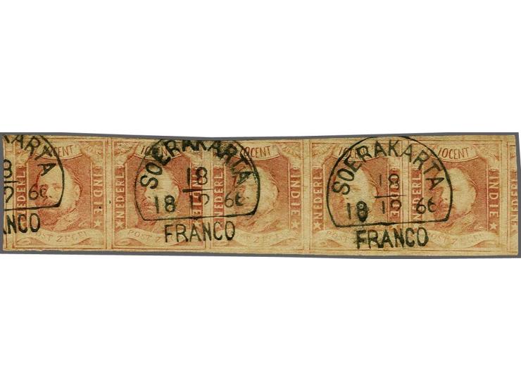10 cent wijnrood pos. 35-39 in strip van 5, fraai ex. (kleur terug en rand boven deels kort), cat.w. 3400