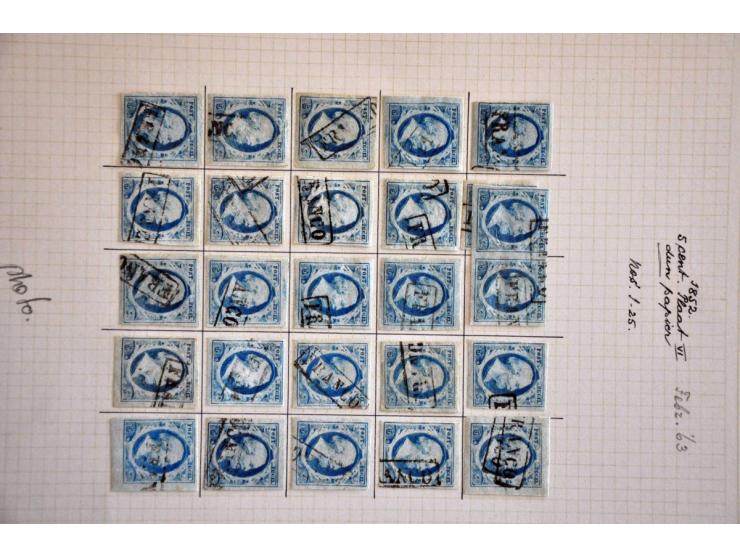 Overcomplete plaatreconstructie van de 5 cent blauw plaat VI op dun papier w.b. 4 paartjes in over het algemeen nette kwalite