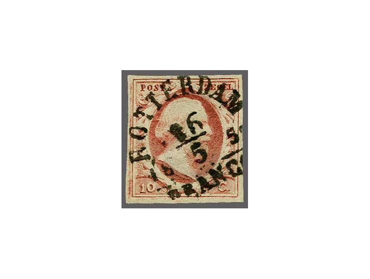 10 cent diepdonkerkarmijn plaat IA met vrijwel volledig stempel Rotterdam 16-5-1852, pracht ex. met certificaat Van Balen Bla