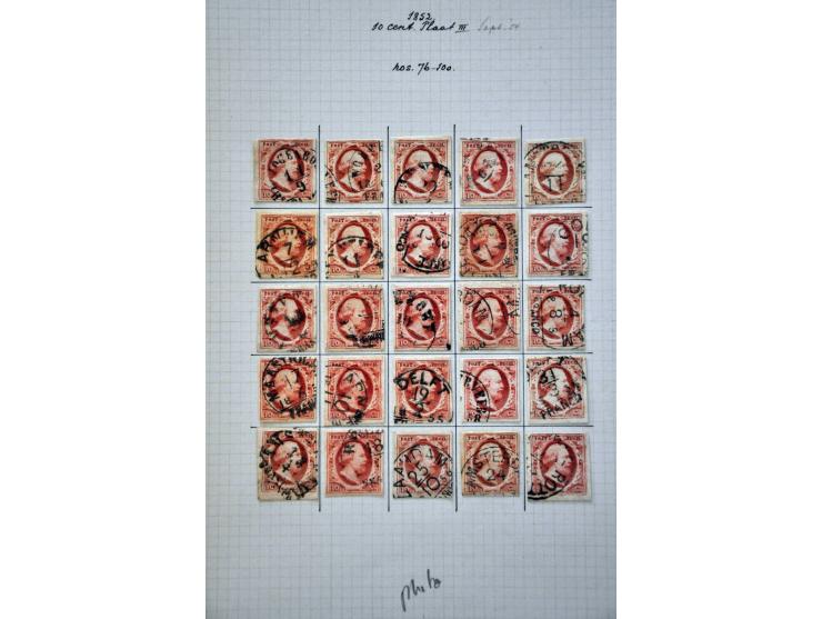 Complete plaatreconstructie van de 10 cent rood plaat III w.b. halfrond-francostempels in over het algemeen nette kwaliteit