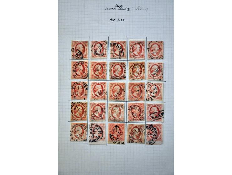Complete plaatreconstructie van de 10 cent rood plaat V w.b. halfrond-francostempels in over het algemeen nette kwaliteit